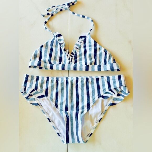 Nwt Splendid tie dye stripe white jean blue ruffle bikini set - Picture 2 of 4